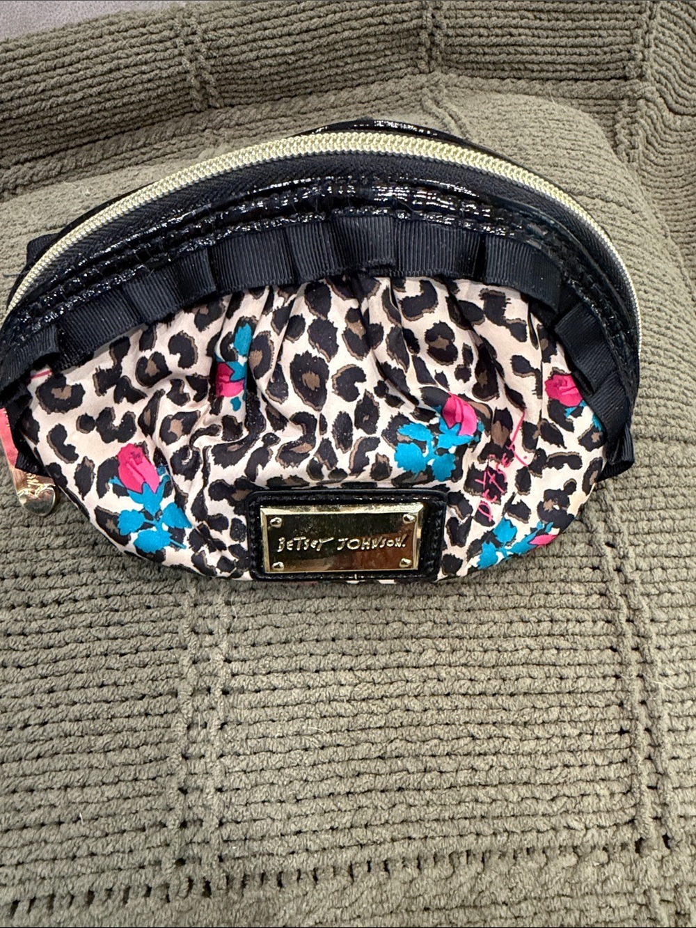 Betsey Johnson Leopard Floral Makeup Pouch in Pink & Teal